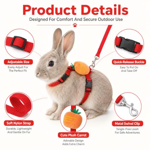Rabbit Harness and Leash Set, Bunny Leash for Walking Escape Proof, Adjustable Cute Vest with Decoration for Ferret Cat Puppy Small Pets (Carrot)
