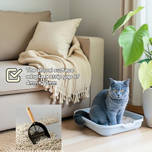 Chinshwehaw Premium Stainless Steel Cat Litter Scoop-Triple Guard Walls&Non-Stick Design,Silver,Flat Shovel Head Design Solid Deep Edge Wood Handle,Dual Hooks 1Pack,6.1x5.3inch (Black Long Strip) - color: Black