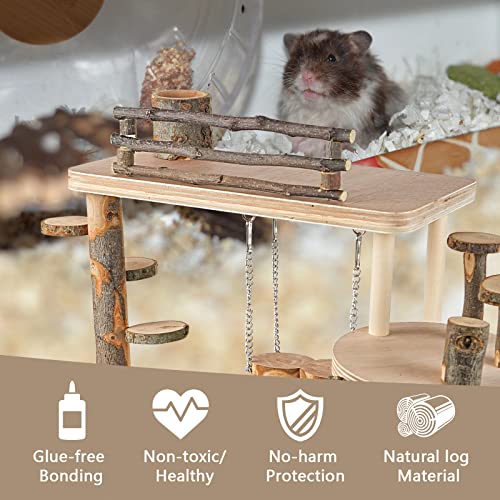 VolksRose Wooden Hamster Playground Platform, Hamster Climbing Toy, Natural Living Climb System, Small Animals Activity Set with Ladder Food Bowl Ramp Bridge for Mouse Gerbil Rat Chinchilla - color: #4