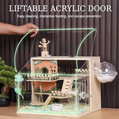 11 in 1 Wooden Hamster Cage with All Accessories, 15.8 Inch 3-Layer Dwarf Hamster Cage Acrylic,Small Animal Cages, Pastoral Style Mouse Cage for Pet Mice, Hedgehog, with Stairs, Fences and Swing - size: 15.8"L x 11.5"W x 11.8"H