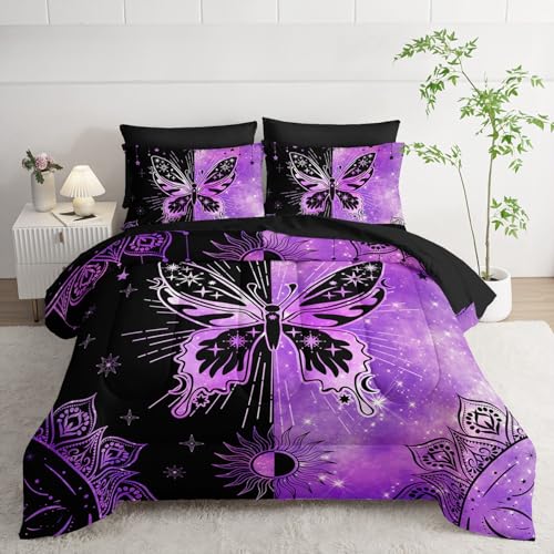 7Pcs Animals Comforter Set Black Purple Butterfly Printed Bedding Set with 1 Comforter, 1 Flat Sheet, 1 Fitted Sheet and 4 Pillowcases for Boys and Girls Bedroom (Butterfly-3 Queen - color: Butterfly-3, size: Queen 90x90inches
