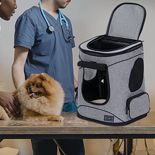 Petsfit Dog and Cat Backpack Carrier, Padded Waist Support, Up to 18 lb | 13.5 x 12.5 x 17.5 in; reinforced frame, 600D Oxford, 4 mesh panels, lockable zippers, safety tether and washable mat. - color: Gray