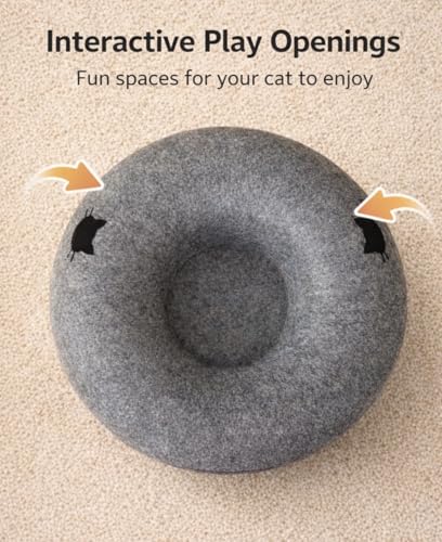 Cat Cave Tunnel Bed - Comfort Bedz Large Donut Cat House, Enclosed Felt Hideaway with Zipper, Top Perch, Interactive Toy, Washable for Indoor Cats up to 25lbs