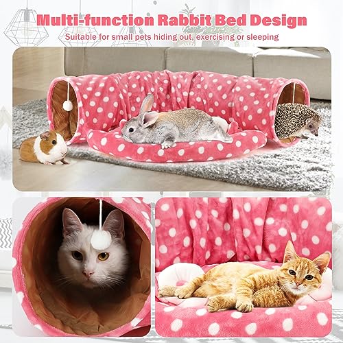 BWOGUE Bunny Tunnel Bed, 2-in-1 Collapsible Rabbit Tunnel Hideout with Mat | Rabbit Tunnel for Indoor Bunnies, 46.8 in Length, Removable Mat for Rest, Ball Toy for Play, Rabbits and Guinea Pigs - color: Pink