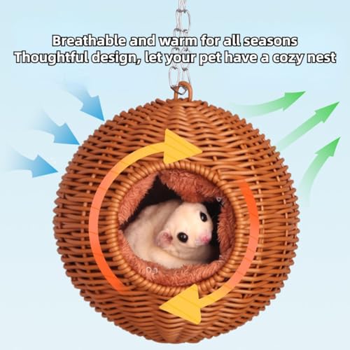 Sugar Glider Woven Spherical Nest for All Seasons Small Animal Bed Nest Hanging Hammock Bed Comfortable Fit Squirrel Sugar Glider Gerbil Rat Hamster Bird Parrot (Brown) - color: Brown