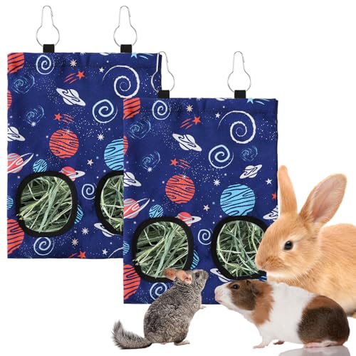 JarThenaAMCS 2 Pcs Rabbit Hay Feeder Bag with 2 Holes Guinea Pig Hanging Hay Feeding Bag Blue Galaxy Storage Dispenser for Chinchilla Hamster Bunny Small Animal Pet, 11.5 x 9 Inch