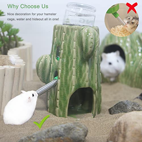 Adjustable No Drip Ceramic Hamster Water Bottle for Glass Tank | Green Cactus 2-In-1 80ML Free Standing Water Dispenser with Stable Hamster Hideout , Great for Dwarf Hamster, Mice, Rat