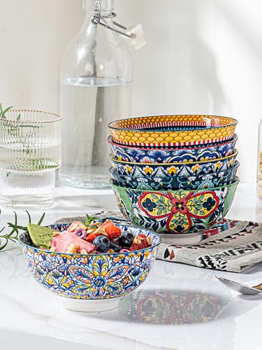 HENXFEN LEAD Boho Ceramic Dessert & Snack Bowls Set of 6, 10 oz | Assorted Patterns, Ideal for Ice Cream, Yogurt, Fruit, Nuts, Rice & Side Dishes, Microwave & Dishwasher Safe - size: 10 Oz