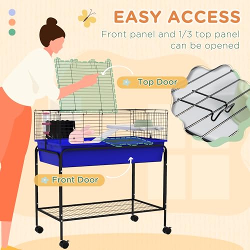 PawHut Two-Story Small Animal Cage Removable from Stand, Guinea Pig Cage with Shelf & Wheels, Pet Habitat for Hedgehog, Chinchilla, Ferret, 33" x 18.5" x 35", Blue | Removable from Stand, Guinea Pig Cage, Pet Habitat for Hedgehog, Chinchilla, Ferret - col
