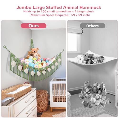 82.7x59x59 Inch Jumbo Stuffed Animal Storage Hammock Corner Toy Net, Green | Macrame Cream Leaf Stuffed Animal Net Organizer for Stuffy Plushie, Boho Handcrafted Plushies Storage Holder w/Star Lights - color: Green, size: XXX-Large Leaf Style