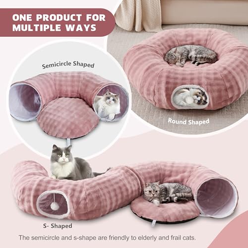 Bubble Round Cat Tunnel for Indoor Cats, Dusty Pink | Peekaboo Cave Toy with Dangling Balls, Donut Tunnel Bed with Circle Mat for Puppy Kitten Rabbit - color: Dusty Pink, size: Round