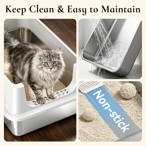XL Open Top Stainless Steel Litter Box with High Sides, Gray | Extra Large Metal Cat Litter Pan , XL Litter Box, Non-Stick Easy Clean Anti-Leak Kitty Litter Pan, Odor Control, Open Top - color: Gray