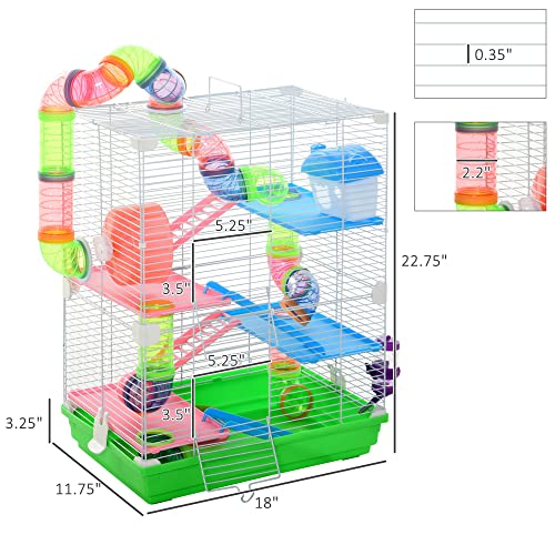 PawHut 18" 5 Tier Hamster Cage w/Tubes and Tunnels for Gerbil Green&White | Small Animal Cage, Portable Carry Handle, Water Bottle, Food Dish, Exercise Wheel - color: Green and White
