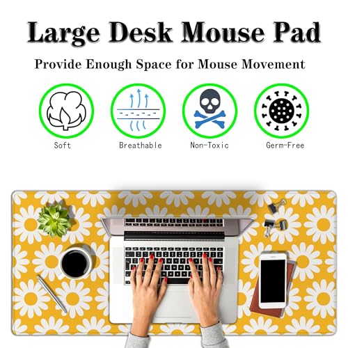 Computer Desk Mat Yellow Desk Mats, Large Gaming Mouse Pads Keyboard Mouse Pad, Mouse Mat Non-Slip Rubber Base Waterproof with Stitched Edges, 35.4 X 15.7 inch for Work/Game/Office/Home - color: Yellow Flowers