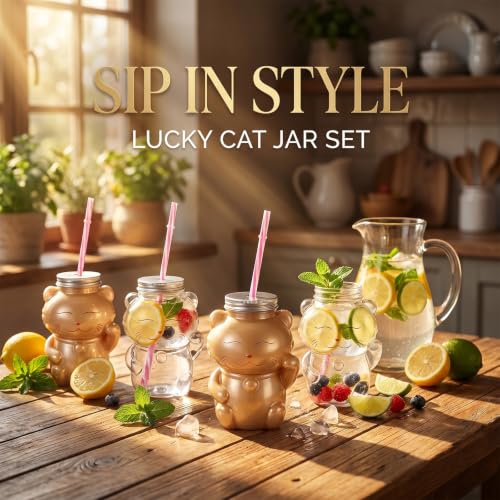 Sliner Lucky Cat Bottles with Straws Including 20 Pcs Empty Plastic Cats Drink Bottle & 20 Pcs Straws & Caps for Christmas Party Juice Milk Cup Drink Water Containers(20 Set, Lucky Cat) - style: Lucky Cat