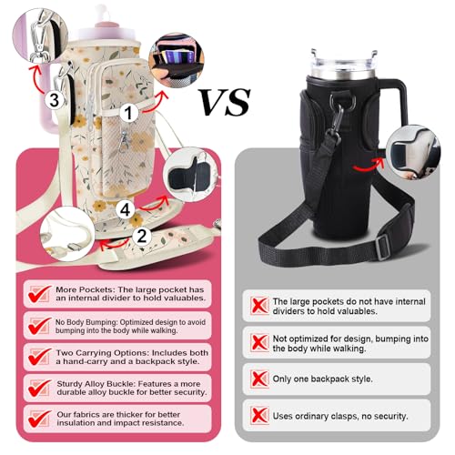 Stanley Carrier Bag for Stanley 40oz/30ozTumbler with Phone with 2 Adjustable Strap,3 Pockets Bottle Stanley Cup Carrier Bag & Case,Accessories for Hiking Travelling - color: Floral Flower