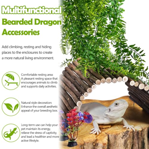 PINVNBY 9PCS Wooden Bridge Hideout and Reptile Plants Vines Climbing Terrarium Habitat Decor Hut Bearded Dragon Tank Accessories for Lizard Crested Gecko Tortoise Snake Hermit Crab