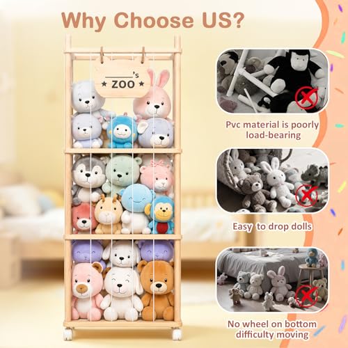 Stuffed Animal Storage, Stuffed Animals Organizer Holder Zoo, 53.54" Large Wooden Plushies Storage with Wheels, Stuffed Animal Cage for Playrooms, Bedrooms, Living Room