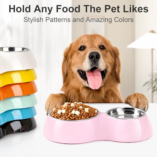 Double Dog Bowls Set – Non-Slip Pet Food & Water Dishes with Resin Stand, Includes Small (1 Cup) & Medium (2 Cups) Bowls – Ideal for Puppies and Cats– Pink - color: Pink, size: Medium