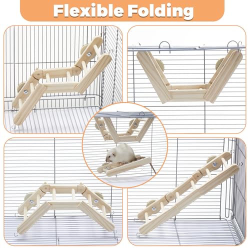 Rat Climbing Activity Bundle - 2pc Hemp Rope Net & Adjustable Wooden Ladder Set - Includes Hanging Bridge and Multi-Level Platforms for Rats Mice Parrots Small Pets Cage Accessories