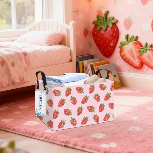 Rectangular Fabric Storage Bin, Foldable Strawberry print Basket | Damp-proof canvas with reinforced stitched handles.Great for clothes,books and sundries in closets,playrooms,laundry rooms. - color: REC Strawberry