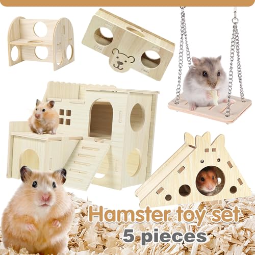 Hamster Toys 5-Piece Set ，Hamster House, Swing, Climbing Ladder, Seesaw & Exercise Wheel，Pet DIY Sport Exercise Toys Set, Small Animal Habitat Accessories ，Gerbils, Mice（Natural Wood） - color: BrownE