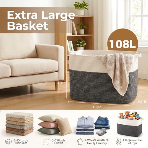 OIASKET 108L Cotton Rope Storage Basket for Living Room and Bedroom 25"x16"x16" Woven Laundry Basket, Heavy Duty Bin for Blankets, Pillows & Toys, Pet-Safe & Scratch-Free, Dark Grey and White - color: Dark Grey & White