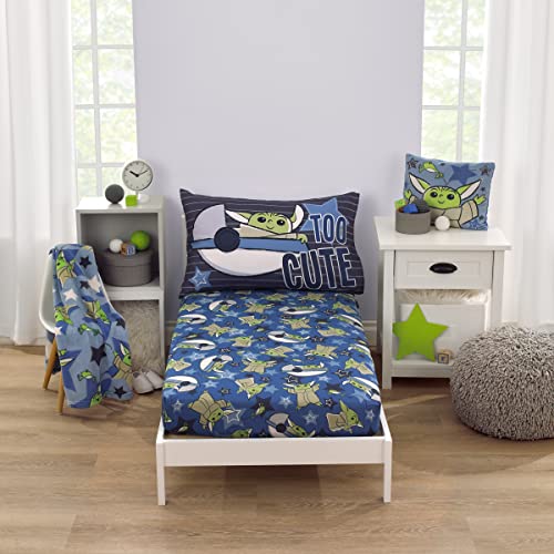 NoJo Star Wars The Child Cutest in The Galaxy Blue, Green, and Gray Grogu and Hover Pod 2 Piece Toddler Sheet Set - Fitted Bottom Sheet and Reversible Pillowcase - color: Star Wars the Child