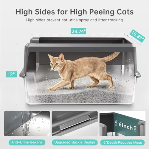 Stainless Steel Litter Box, Open Top High Sided Cat Litter Box for Big Cat | XL, 1 Scoop, Anti-Urine Leakage, Non-Stick Odor-Free, Easy Clean, High Sides Block Spray, Reduce Litter Tracking, Durable - color: 25-Mid Grey