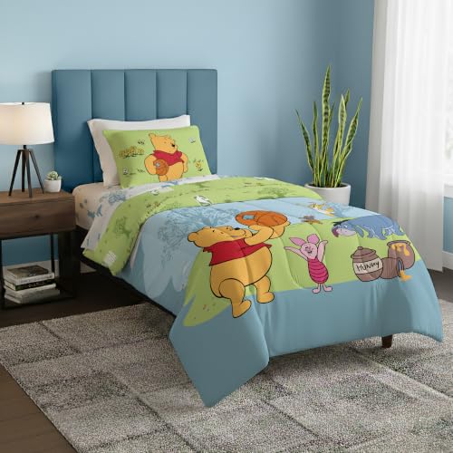 Disney Winnie The Pooh Twin Comforter Set 4 Piece Includes Reversible Comforter & Sheet Bedding Set Soft Fade Resistant Microfiber Officially Licensed - color: Pooh Star Twin