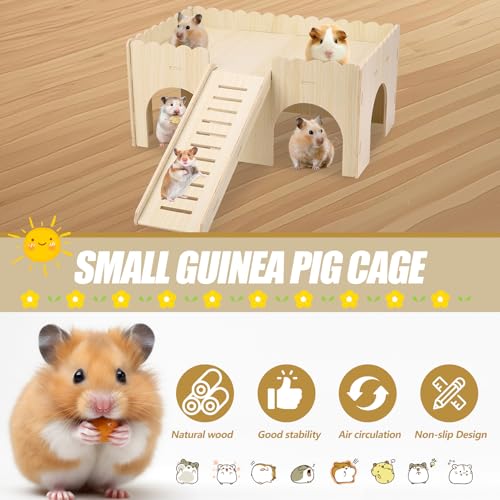 Large Guinea Pig Hideout, 14.96 X 9.45 X 7.09in Wooden Guinea Pig House | Hamster Hideout with Stair Stable Guinea Pig House for Squirrel Hamster Small Animal