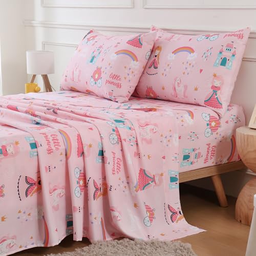 Twin Sheet Set for Girls, Pink Princess Themed Kids Bed Sheets 3 Pieces | Soft Breathable Printed Microfiber Bed Sheet for Kid Room,Fitted Sheet with 15 inch Deep Pocket and Pillowcase Set - color: Princess, size: Twin