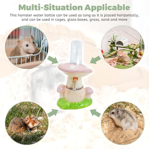 PINVNBY Hamster Water Bottle No Drip Ceramic Automatic Gerbil Water Bottle 80ML Water Dispenser with Mushroom Stand Holder for Gerbils Syrian Hamsters Dwarf Hamsters Mice (Pink) - color: Pink