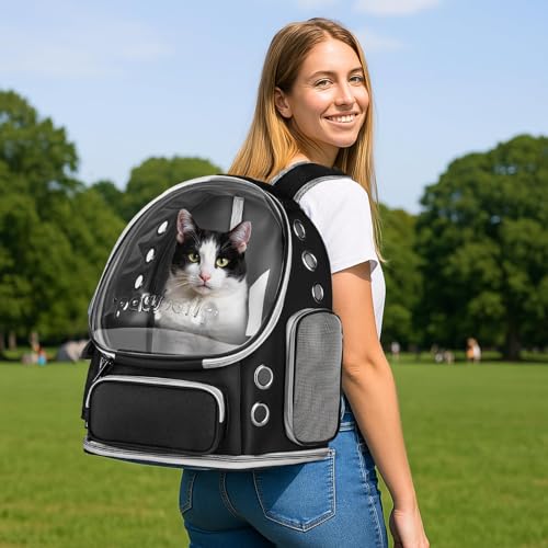 Cat Backpack Carrier Clear Bubble Window for Cats & Small Dogs up to 15 lb | Large Space Breathable Foldable Pet Carrier Airline Approved, Mesh Entry Safety Tether Washable Pad, Travel Hiking Outdoor - color: Black