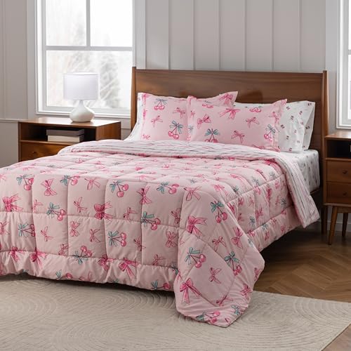 Berkshire LIG Printed Reversible Microfiber Comforter Set–7-Piece, Ultra Soft All-Season Bedding, Wrinkle & Fade Resistant, Full, Cherry Bows Blush - color: Cherry Bows Blush, size: Full