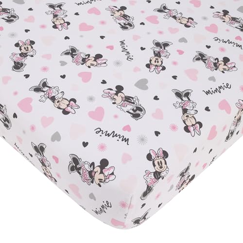 Disney Minnie Mouse My Happy Place Pink, Black, Gray, and White 100% Cotton Nursery Fitted Crib Sheet - color: Minnie Mouse - My Happy Place