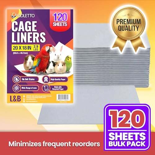 VIOLETTO 120 Sheets Pre-Cut Bird Cage Liners - Unprinted Plain Newsprint Paper, 20" x 18" - Highly Absorbent & Ink-Free Pet Habitat Liners for Parrots, Rabbits & Guinea Pigs | Pre-cut, Unprinted Plain Newsprint Paper, Highly Absorbent & Ink-Free, For Parr