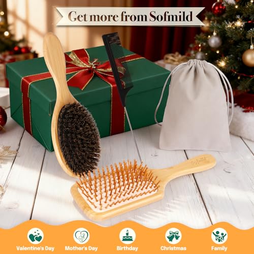 Sofmild Hair Brush Set with Bamboo Detangling Brush and Boar Bristle Brush | 2 Pack HairBrush Set for Women Men Kids, Bamboo Detangler Brush for Thick Hair and Boar Bristle Hair Brush for Fine Thin Hair - color: Black White