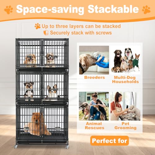 Homey Pet 3 Tiers 43" Heavy Duty Dog Crate Bank with Wheels, 43T x 2 & 43S | Double Stackable Kennel with Divider, Dual Door, Auto Locks, Removable Tray, Bowl, Ideal for Small, Medium to Large Dogs - size: 42.5"L x 28.0"W x 88.0"H