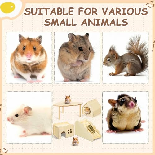 BreezeHug 4 Pcs Hamster Cage Accessories Hamster Platform Hideout Wooden Tunnel Ladder Playhouse Game Climbing Toy with Platform for Pets Dwarf Syrian Mice Degus Gerbils Squirrel(Wave House) - style: Wave House