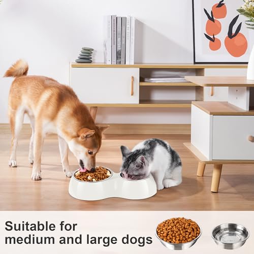 Double Dog Bowls Set – Non-Slip Pet Food & Water Dishes with Resin Stand, Includes Small (1 Cup) & Medium (2 Cups) Bowls – Ideal for Puppies and Cats – White - color: White, size: Medium