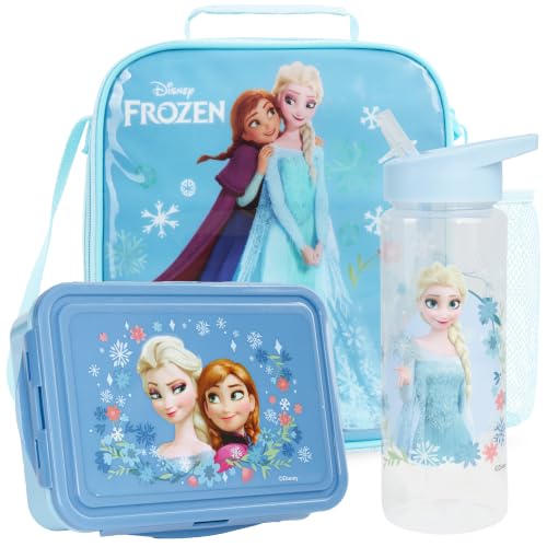 Get Trend Disney Frozen Girls Lunch Box 3Pc Set | Kids Insulated Lunch Bag with BPA-Free Water Bottle and Snack Box, Back to School Anna & Elsa Gifts for Girls - color: Blue Frozen
