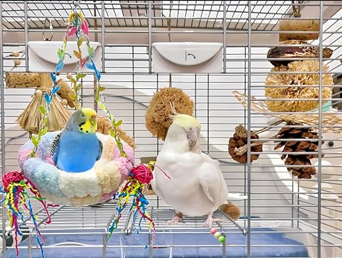 Bird Nest for Cage Bird Breeding Bed Cockatiel Snuggle Nest Parakeet Swing Bed Bird Hanging Hammock Parrot Sleeping Hut for Conure, Budgie, Lovebird, Finch, Small Pets-Pink, Large Size - color: Pink with Decoration