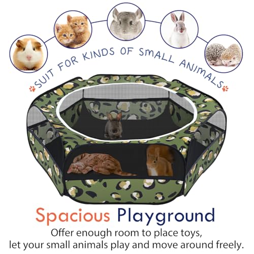 Pawaboo Small Animal Playpen with Zippered Cover, Leopard Print | Portable pop-up pet tent for supervised rabbits, guinea pigs, chicks and kittens; water-resistant bottom and 3 metal rods - color: T-Leopard Print