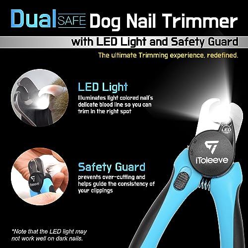 iToleeve LED Dog Nail Clipper with Light, Illuminates Nails Helps See Quick | Professional Pet Nail Trimmer for Dogs & Cats, Extra Sharp Blade for Thick Nails, Safety Guard, Nail File & Safety Lock