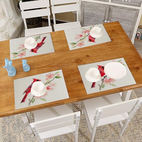 Moslion Red Bird Placemats Rustic Farm Animal Cardinal Wild Flowers Leaves Branch Cool Funny Table Placemats for Dinning Table Washable Cotton Linen 12x18 Inch, Set of 4…
