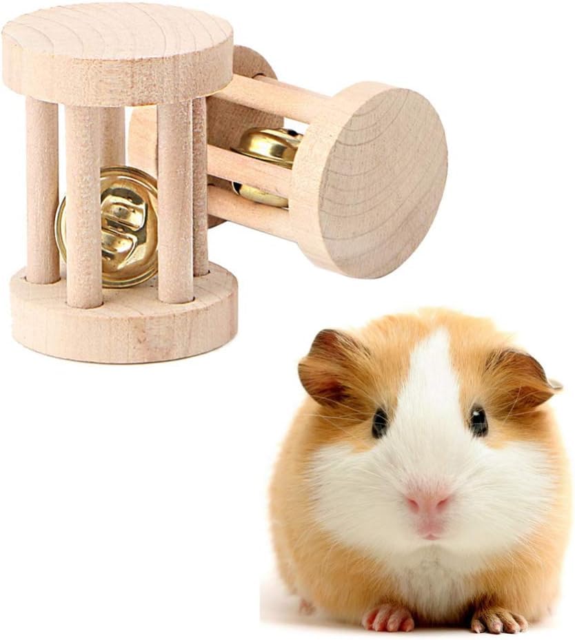 5 Pcs Hamster Chew Toys, Natural Wooden Chew Toy Set with Bell for Teeth Grinding, Dumbbell Roller Unicycle Molar Ball, Small Animals Toys for Rabbit Guinea Pig Chinchilla Gerbil Bird