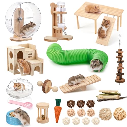 40 Pcs Hamster Cage Accessories, 9.5'' Exercise Wheel, Wood Platform Hideout House, Water Bottle, Sand Bath, Bowl, Chew Toys for Syrian Hamsters Mice Gerbils Habitat Decor(Fun Style) - style: Fun style