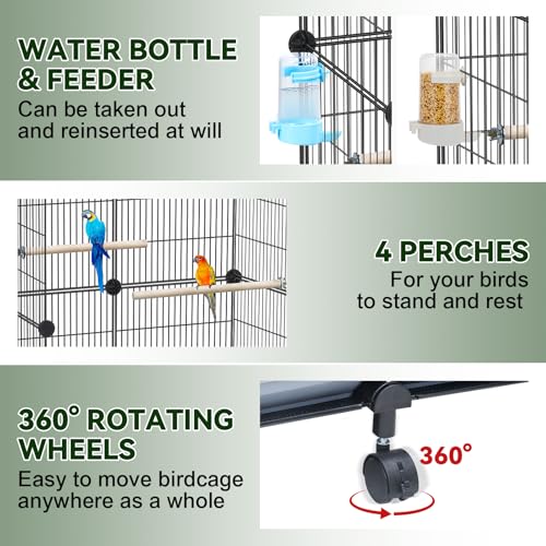 VISCOO Upgraded Encrypted Metal 46-Inch Bird Cage for Parrot Parakeets | Parakeet Cage with Wooden Perches, Slide-Out Tray, Water Bottle&Feeder for Cockatiel,Lovebird,Small Mid-Sized Birds - size: 24"L x 12"W x 46"H