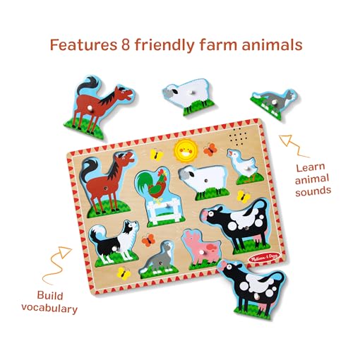 Melissa & Doug Farm Animals Sound Puzzle – 8-Piece Wooden Peg Puzzle with Light-Activated Sounds, Music Learning Toy for Toddlers and Preschoolers Ages 2+ - size: 11.95 x 8.8 x 1.05, style: Farm Animals
